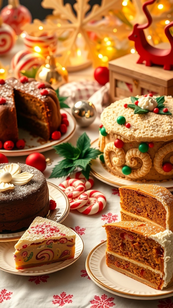 A selection of 1950s Christmas desserts including fruitcake, yule log, peppermint bark, and pumpkin pie on a festive table.